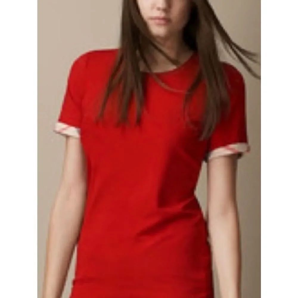 Burberry Brit Nova Check Sleeve Cuff Red Stretch Jersey T-Shirt Womens Medium
